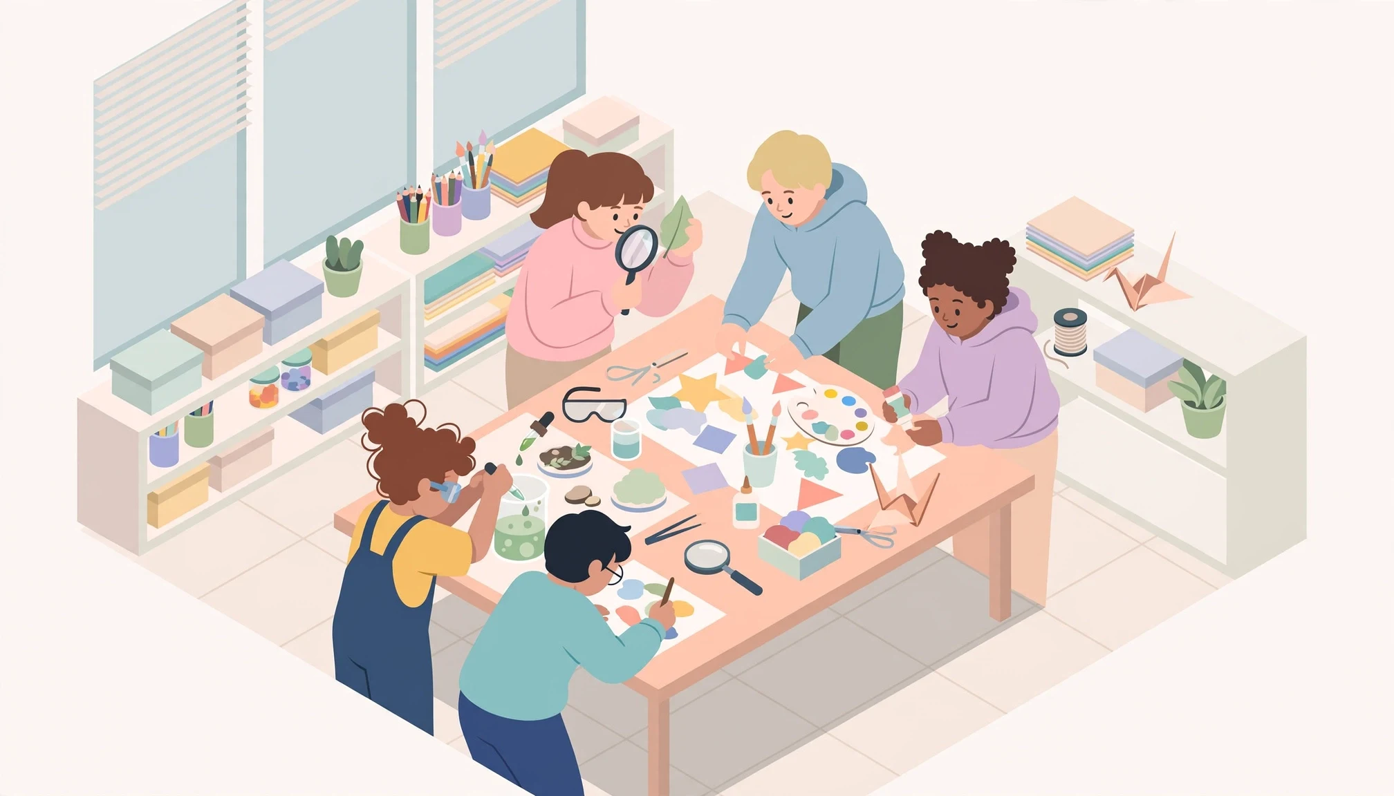 Niños de primaria en mesa realizando experimento de ciencias y actividad de arte