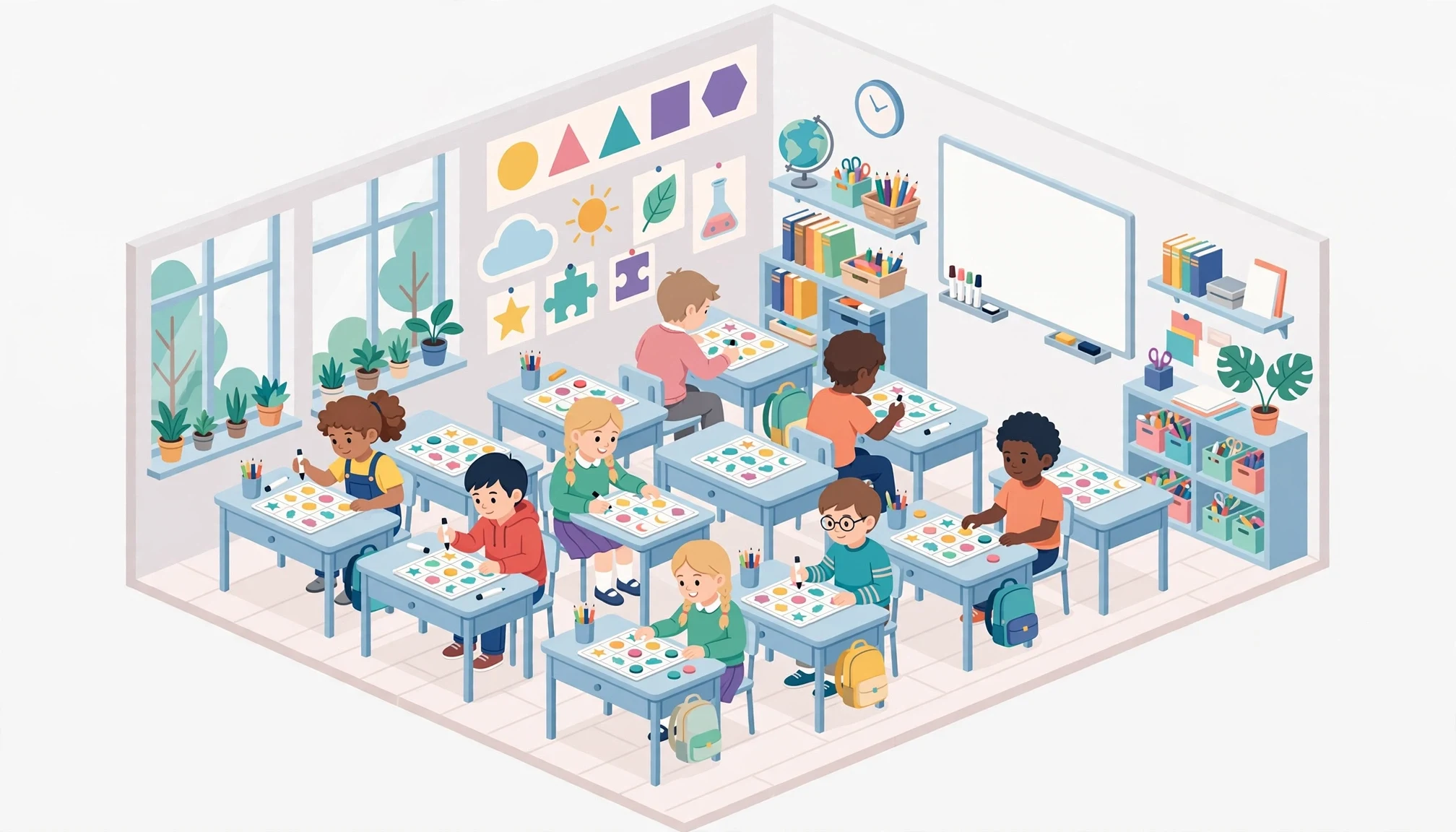 Aula de primaria con estudiantes jugando bingo de matemáticas en sus pupitres