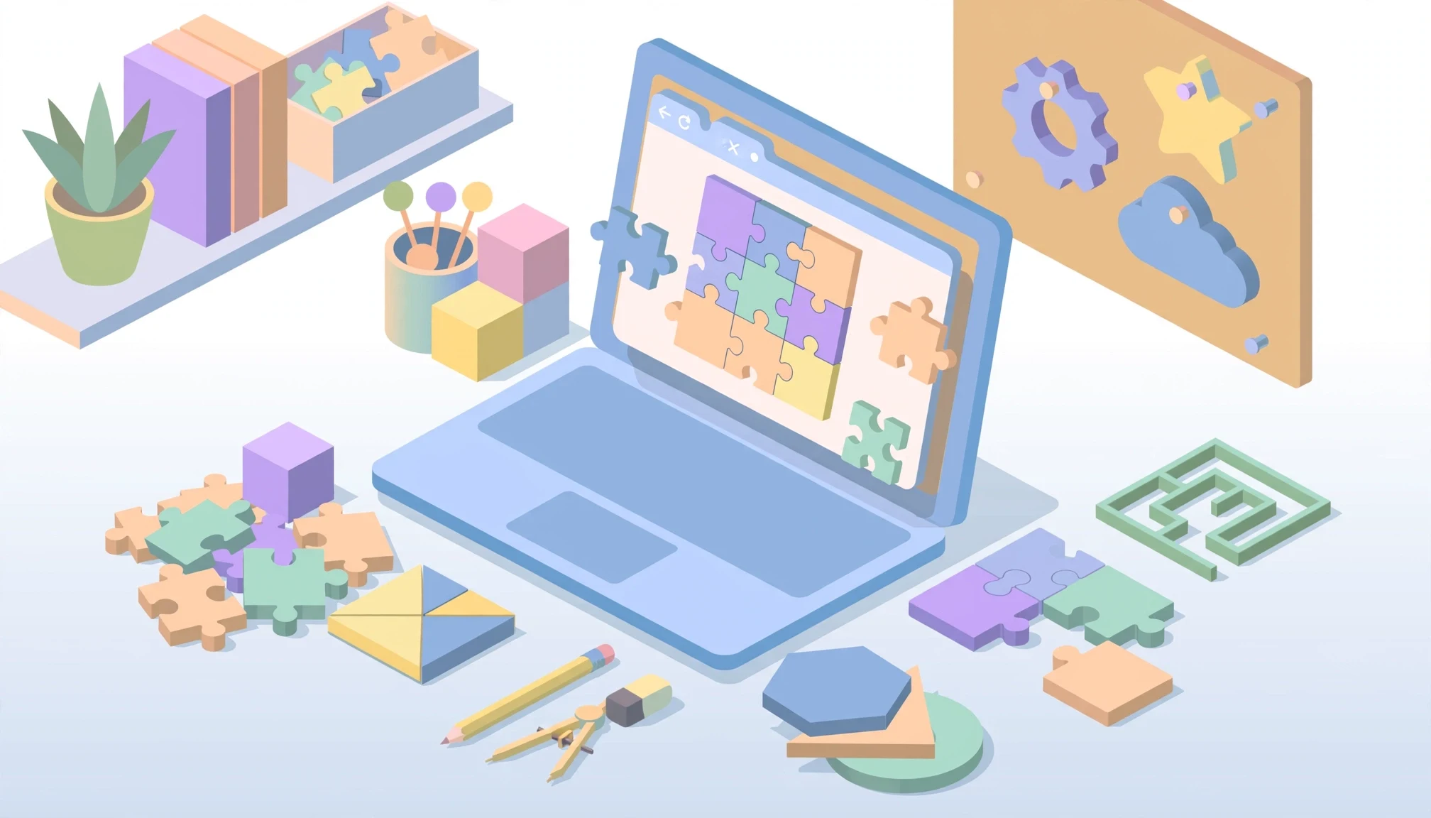 Ilustración isométrica de juegos de puzzle para chromebook