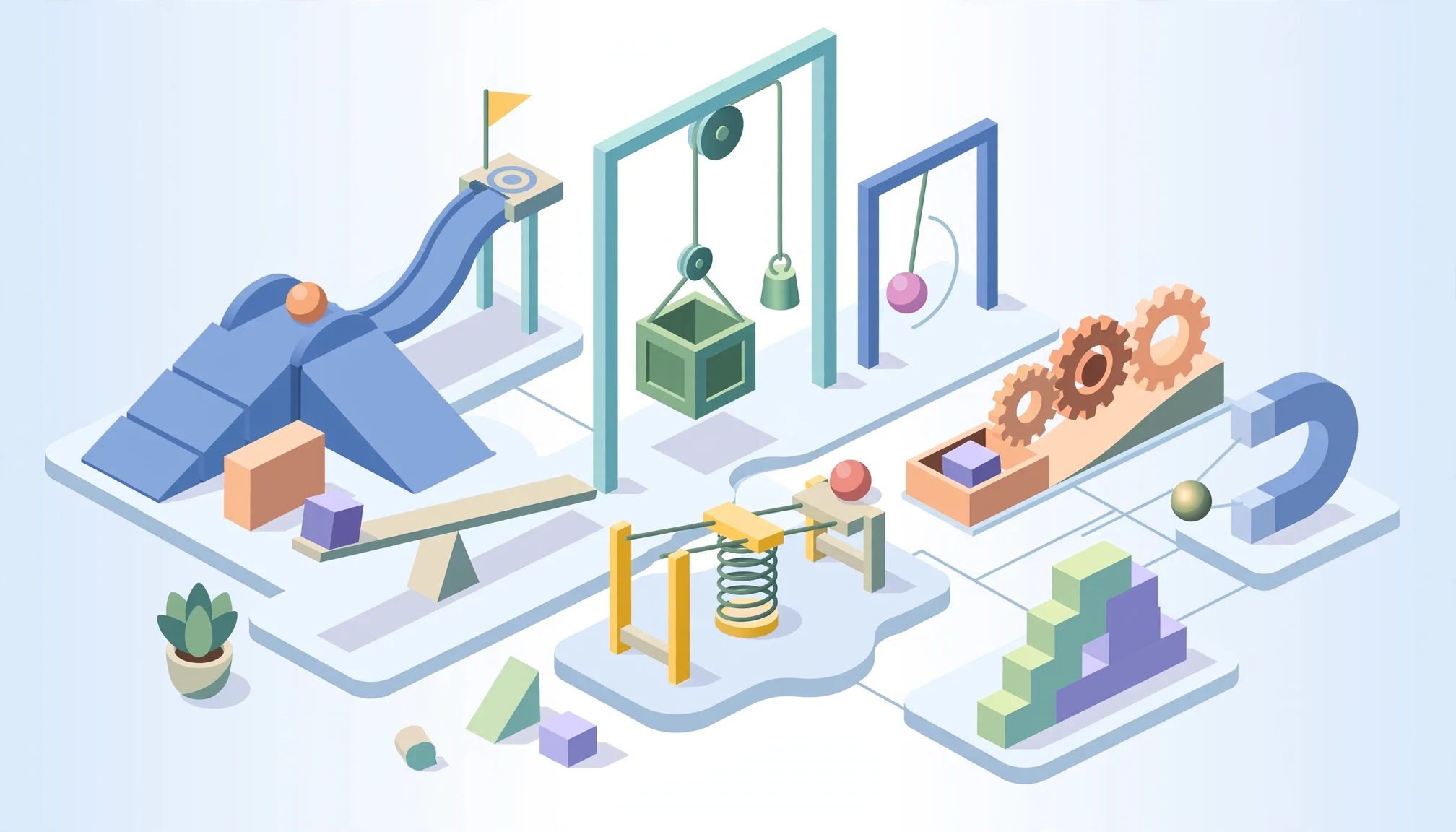 Ilustración isométrica de puzzles de física y acción